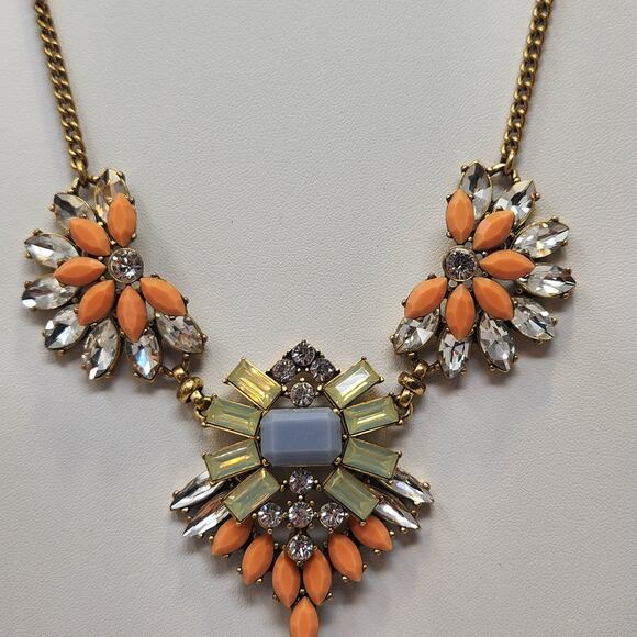 J Crew Orange Green Clear Rhinestone Cluster Statement Necklace Gold Tone - Picture 2 of 6